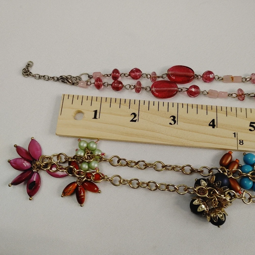 Boho Beaded Necklace Bundle Long Statement Pink Glass + Multicolor Charm